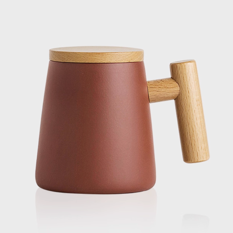 Purple clay mug with wooden handle and lid