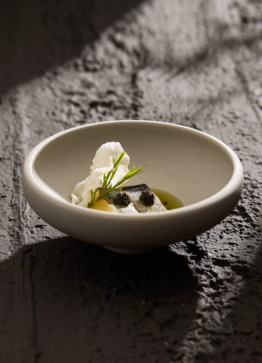 Simple Palette clay-series dessert bowl, front view, soft beige ceramic