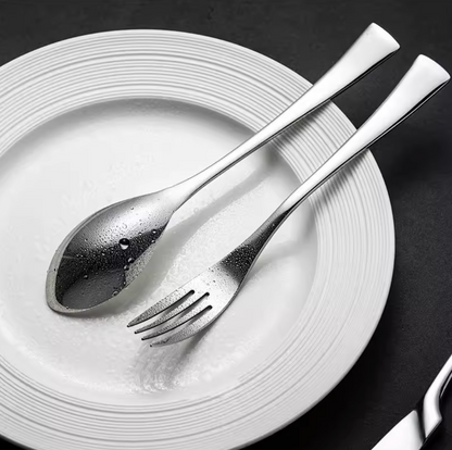 Complete stainless steel cutlery set including knife, fork, and spoon - restaurant flatware