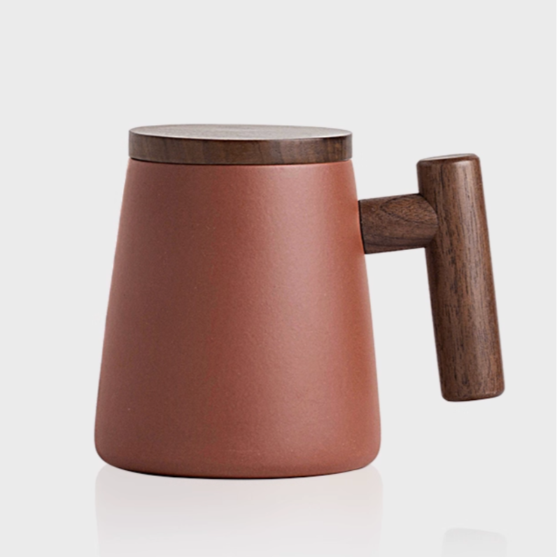 Purple clay mug with wooden handle and lid