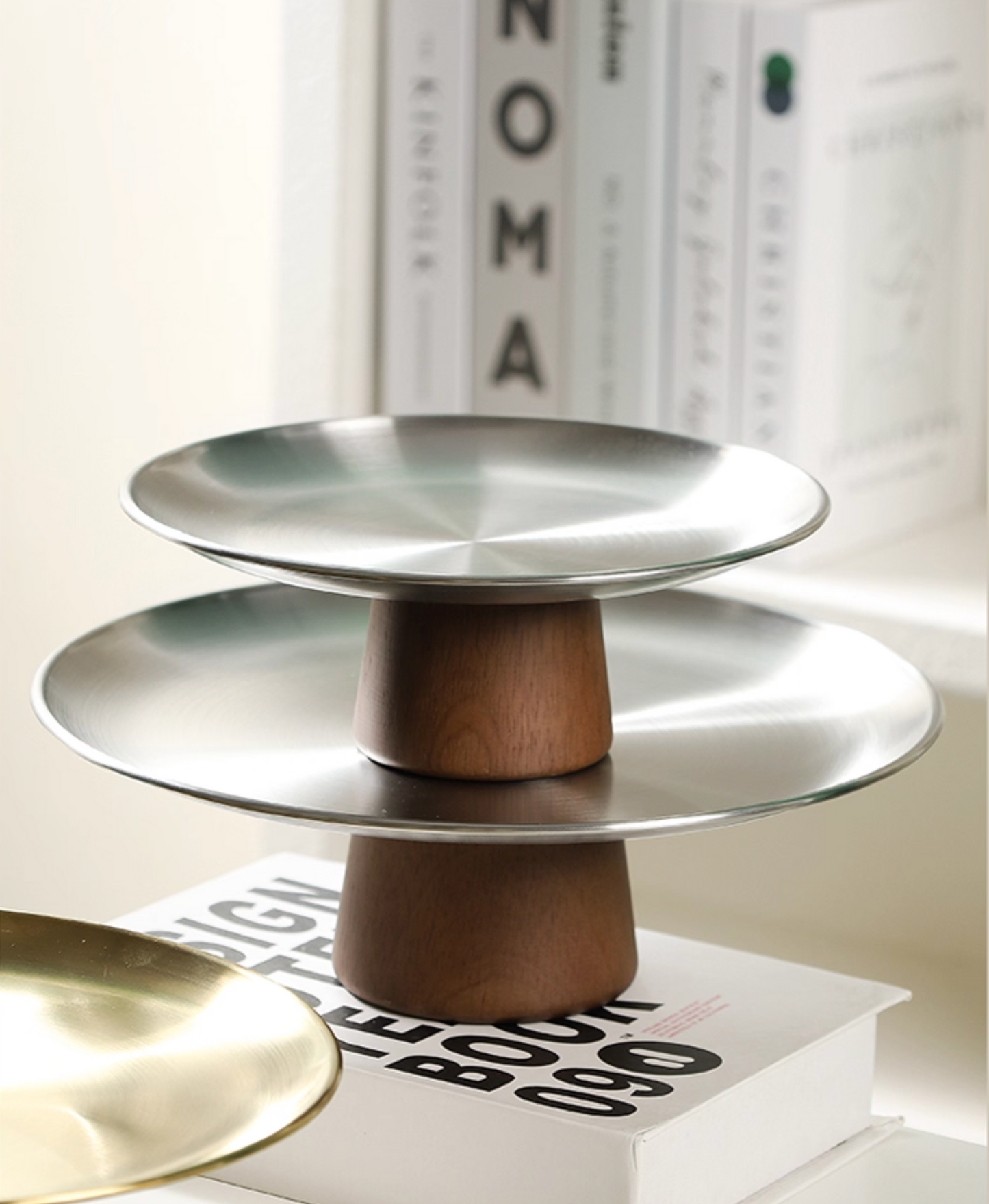 Stainless steel serving platter stand size comparison guide showing small medium large options