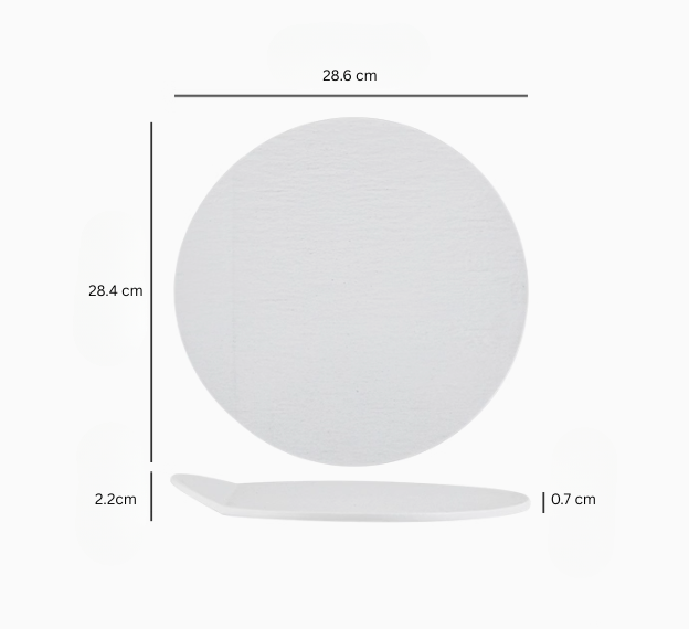 White ceramic plate with dimensions labeled on a white background