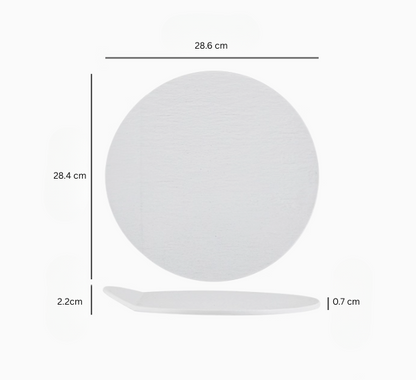 White ceramic plate with dimensions labeled on a white background