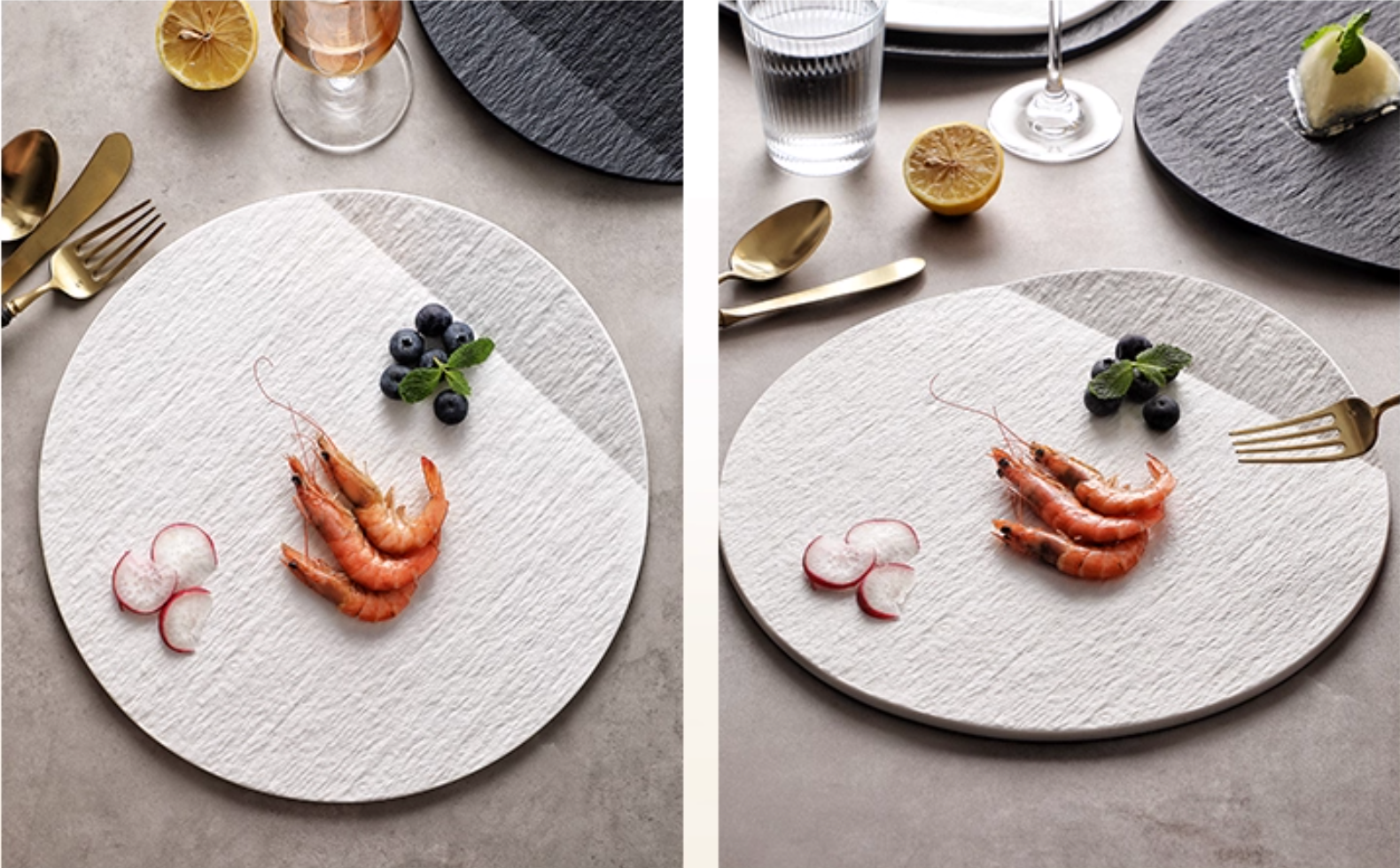 Two views of a round white plate with food on a gray surface.