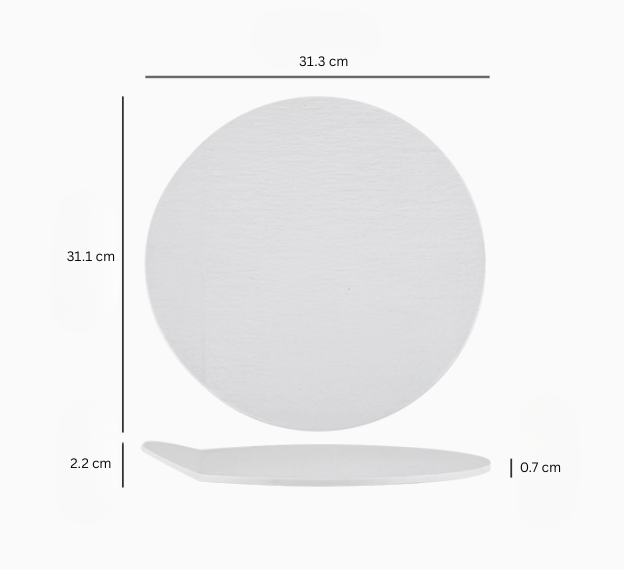 Measurement chart of a round white plate with dimensions labeled.