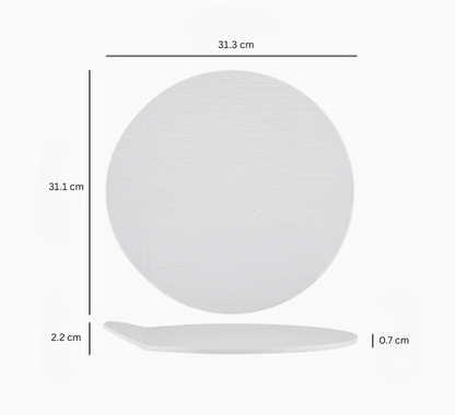 Measurement chart of a round white plate with dimensions labeled.